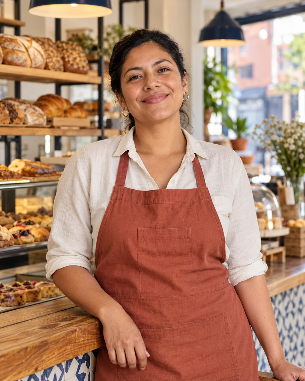 Imagen conceptual generada con IA de una trabajadora en una panadería colombiana